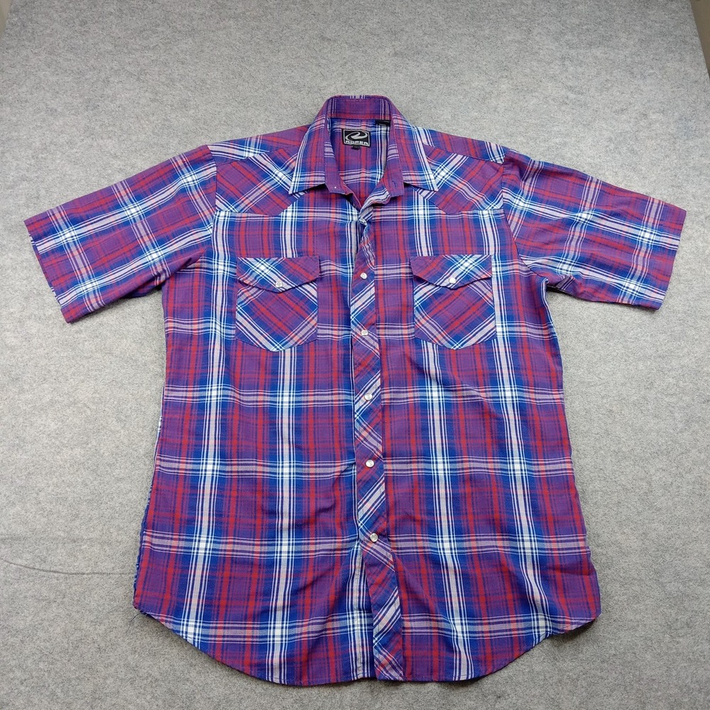 Roper Shirt Mens Large Blue Red Plaid Western‎ Snap Front Short Sleeve Casual
